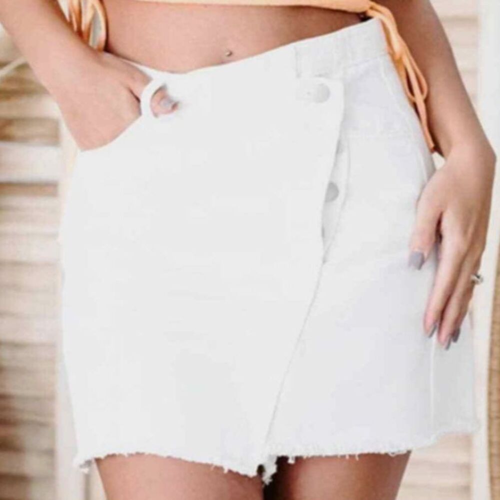 Gilli Can’t Be Bothered Faux Wrap Denim Mini Skirt White 100% cotton crossover